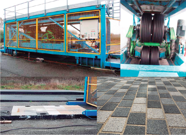 Simulador FABAC de ensayo acelerado de pavimentos: estructura con jaula de protección, ruedas de carga y probeta de pavimento montada para el ensayo
