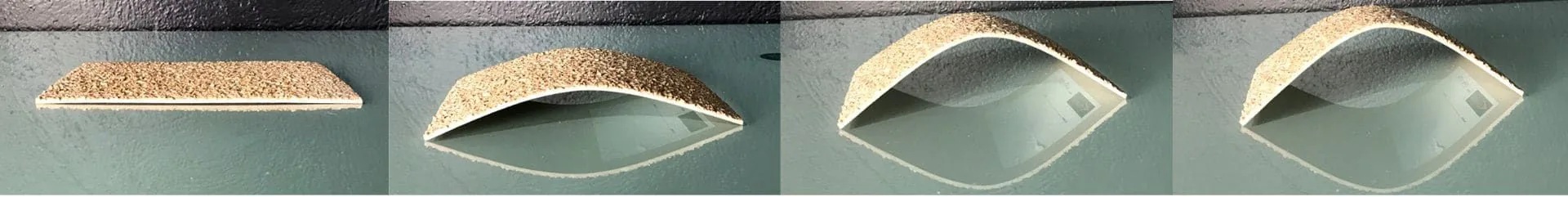 Cuatro fases mostrando la flexibilidad progresiva de una baldosa Zoruflex Preformado